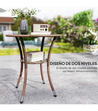 Mesa de Jardín Redonda Ø64x71 cm con Estante Marco de Acero y Encimera de Cristal Carga 50 kg para Terraza Patio Marrón