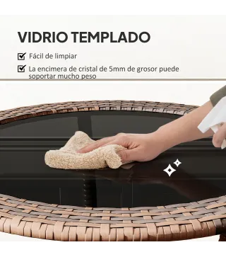 Mesa de Jardín Redonda Ø64x71 cm con Estante Marco de Acero y Encimera de Cristal Carga 50 kg para Terraza Patio Marrón