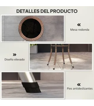 Mesa de Jardín Redonda Ø64x71 cm con Estante Marco de Acero y Encimera de Cristal Carga 50 kg para Terraza Patio Marrón