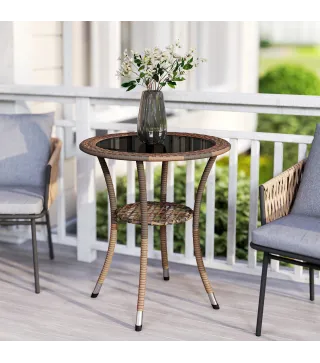 Mesa de Jardín Redonda Ø64x71 cm con Estante Marco de Acero y Encimera de Cristal Carga 50 kg para Terraza Patio Marrón