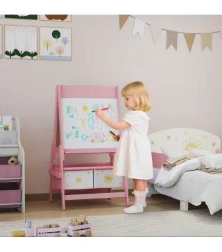 Pizarra Infantil Caballete 3 en 1 Caballete de Pintura para Niños de Doble Cara con Rollo de Papel y Cestas Rosa