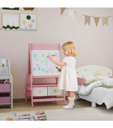 Pizarra Infantil Caballete 3 en 1 Caballete de Pintura para Niños de Doble Cara con Rollo de Papel y Cestas Rosa