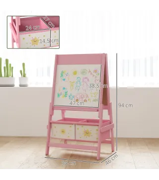 Pizarra Infantil Caballete 3 en 1 Caballete de Pintura para Niños de Doble Cara con Rollo de Papel y Cestas Rosa