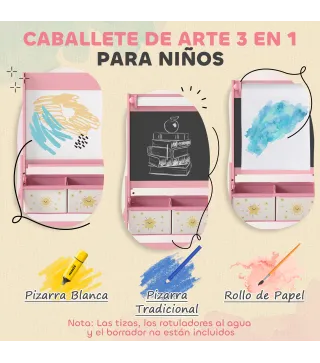 Pizarra Infantil Caballete 3 en 1 Caballete de Pintura para Niños de Doble Cara con Rollo de Papel y Cestas Rosa