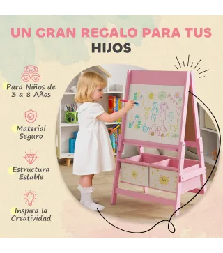 Pizarra Infantil Caballete 3 en 1 Caballete de Pintura para Niños de Doble Cara con Rollo de Papel y Cestas Rosa