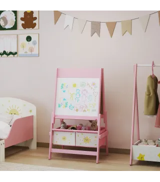 Pizarra Infantil Caballete 3 en 1 Caballete de Pintura para Niños de Doble Cara con Rollo de Papel y Cestas Rosa