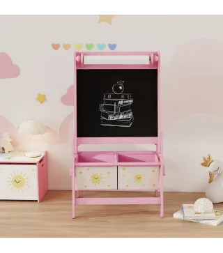 Pizarra Infantil Caballete 3 en 1 Caballete de Pintura para Niños de Doble Cara con Rollo de Papel y Cestas Rosa