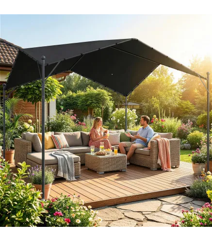 Pérgola de Jardín 3x3 m con Dosel UPF30+ Estructura de Metal Galvanizado Techo Inclinado Pabellón para Exterior Gris