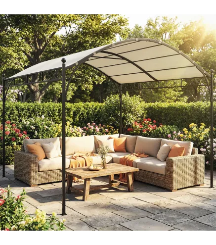 Pérgola de Jardín 3x3 m con Dosel UV30+ Estructura de Metal Galvanizado Techo Arqueado Pabellón para Exterior Crema