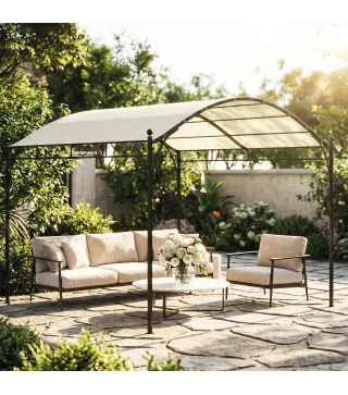 Pérgola de Jardín 3x3 m con Dosel UV30+ Estructura de Metal Galvanizado Techo Arqueado Pabellón para Exterior Crema