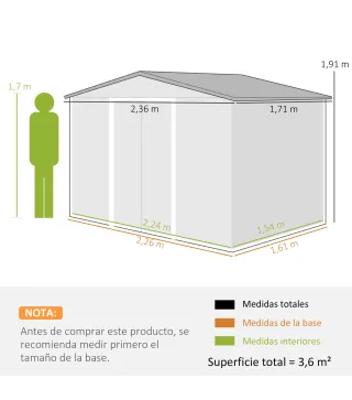 Cobertizo de Jardín Exterior 3,6 m² 236x171x191 cm con Puertas Correderas y Ranuras de Ventilación Verde