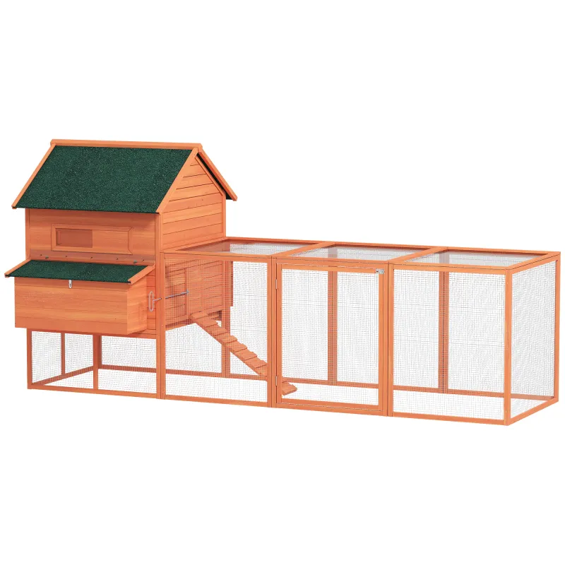Gallinero de Madera Grande Exterior con 2 Nidos Corral Techo Asfáltico Bandeja Extraíble y Rampa 347x160x150 cm Naranja