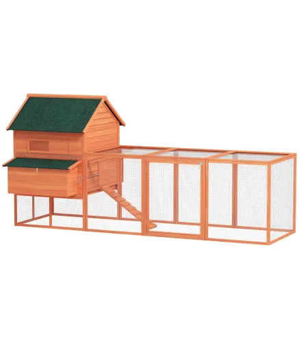 Gallinero de Madera Grande Exterior con 2 Nidos Corral Techo Asfáltico Bandeja Extraíble y Rampa 347x160x150 cm Naranja