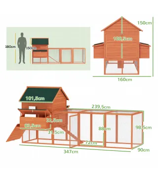 Gallinero de Madera Grande Exterior con 2 Nidos Corral Techo Asfáltico Bandeja Extraíble y Rampa 347x160x150 cm Naranja