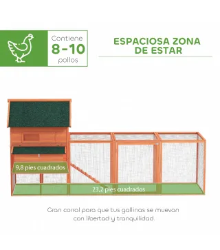 Gallinero de Madera Grande Exterior con 2 Nidos Corral Techo Asfáltico Bandeja Extraíble y Rampa 347x160x150 cm Naranja