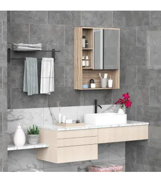 Armario con Espejo Armario de Baño Montado en Pared con Estante Ajustable en Altura Espacio Interno Estantes Abiertos 60x15x76 c