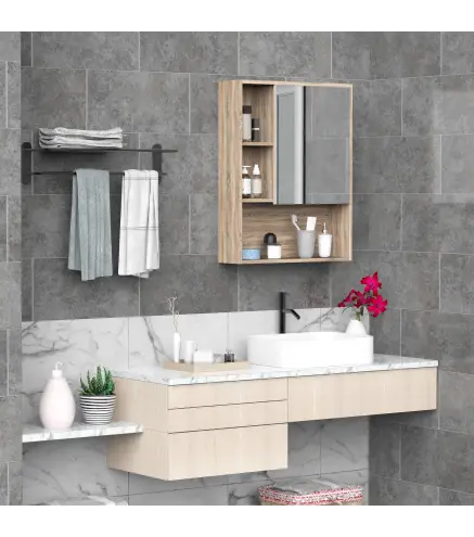 Armario con Espejo Armario de Baño Montado en Pared con Estante Ajustable en Altura Espacio Interno Estantes Abiertos 60x15x76 c