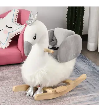 Balancín Infantil en Forma de Cisne de Felpa para Bebés 18-36 Meses con Sonido y Cinturón 60x33x59 cm Gris y Blanco