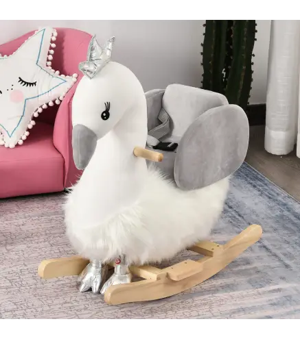 Balancín Infantil en Forma de Cisne de Felpa para Bebés 18-36 Meses con Sonido y Cinturón 60x33x59 cm Gris y Blanco