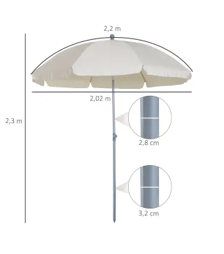 Sombrilla de Playa Diámetro de Ø202 cm con Techo Inclinable Poste Desmontable y Pincho Inferior para Jardín Beige