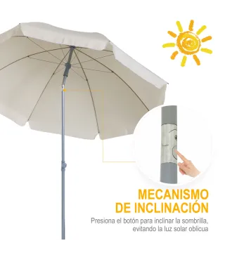 Sombrilla de Playa Diámetro de Ø202 cm con Techo Inclinable Poste Desmontable y Pincho Inferior para Jardín Beige