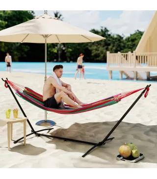 Hamaca con Soporte 310x117cm para Camping con Altura Ajustable y Bolsa de Transporte Carga 120 kg Rayas Naranja y Rojo