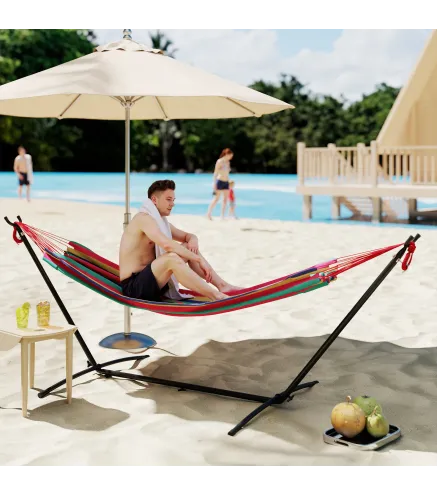 Hamaca con Soporte 310x117cm para Camping con Altura Ajustable y Bolsa de Transporte Carga 120 kg Rayas Naranja y Rojo