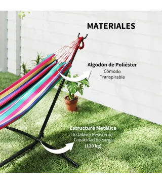 Hamaca con Soporte 310x117cm para Camping con Altura Ajustable y Bolsa de Transporte Carga 120 kg Rayas Naranja y Rojo