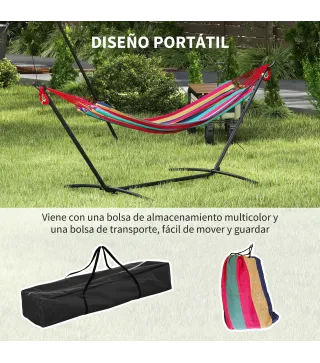 Hamaca con Soporte 310x117cm para Camping con Altura Ajustable y Bolsa de Transporte Carga 120 kg Rayas Naranja y Rojo