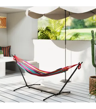 Hamaca con Soporte 310x117cm para Camping con Altura Ajustable y Bolsa de Transporte Carga 120 kg Rayas Naranja y Rojo