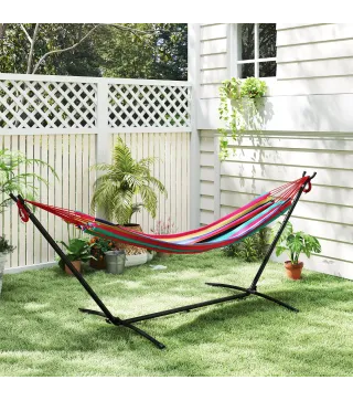 Hamaca con Soporte 310x117cm para Camping con Altura Ajustable y Bolsa de Transporte Carga 120 kg Rayas Naranja y Rojo