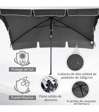 Sombrilla de Terraza de Aluminio 198x130x245 cm Parasol de Jardín Rectangular con Función de Inclinación Gris