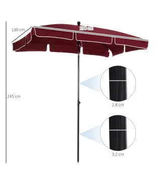Sombrilla de Terraza de Aluminio 198x130x245 cm Parasol de Jardín Rectangular con Función de Inclinación Rojo Vino