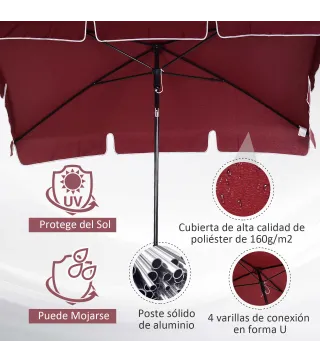 Sombrilla de Terraza de Aluminio 198x130x245 cm Parasol de Jardín Rectangular con Función de Inclinación Rojo Vino