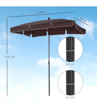 Sombrilla de Terraza de Aluminio 198x130x245 cm Parasol de Jardín Rectangular con Función de Inclinación Café