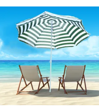 Sombrilla de Playa Ø180 cm con Techo Inclinable y Poste de Metal Protección Solar para Jardín Terraza Exterior Rayas Verde y Bla