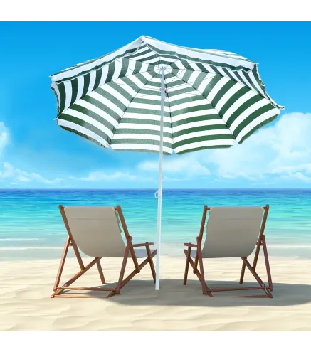 Sombrilla de Playa Ø180 cm con Techo Inclinable y Poste de Metal Protección Solar para Jardín Terraza Exterior Rayas Verde y Bla