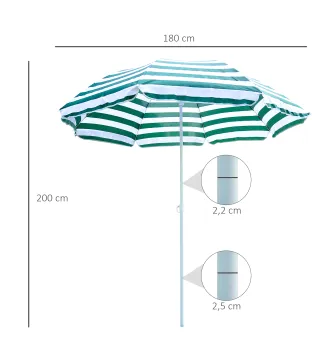 Sombrilla de Playa Ø180 cm con Techo Inclinable y Poste de Metal Protección Solar para Jardín Terraza Exterior Rayas Verde y Bla