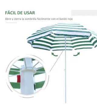 Sombrilla de Playa Ø180 cm con Techo Inclinable y Poste de Metal Protección Solar para Jardín Terraza Exterior Rayas Verde y Bla