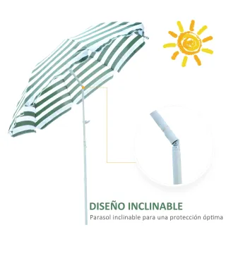 Sombrilla de Playa Ø180 cm con Techo Inclinable y Poste de Metal Protección Solar para Jardín Terraza Exterior Rayas Verde y Bla