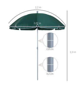 Sombrilla de Playa Diámetro de Ø202 cm con Techo Inclinable Poste Desmontable y Pincho Inferior para Jardín Verde