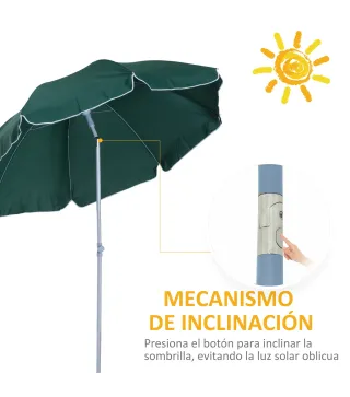Sombrilla de Playa Diámetro de Ø202 cm con Techo Inclinable Poste Desmontable y Pincho Inferior para Jardín Verde