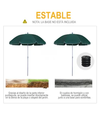 Sombrilla de Playa Diámetro de Ø202 cm con Techo Inclinable Poste Desmontable y Pincho Inferior para Jardín Verde