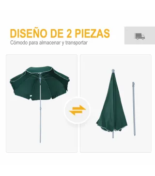 Sombrilla de Playa Diámetro de Ø202 cm con Techo Inclinable Poste Desmontable y Pincho Inferior para Jardín Verde