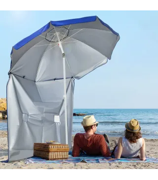 Sombrilla de Playa con Panel Lateral Ø191x211 cm con Manivela Manual Techo Inclinable 2 Bolsillos 2 Ventanas para Jardín