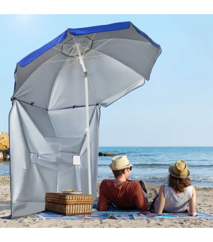 Sombrilla de Playa con Panel Lateral Ø191x211 cm con Manivela Manual Techo Inclinable 2 Bolsillos 2 Ventanas para Jardín