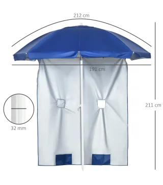 Sombrilla de Playa con Panel Lateral Ø191x211 cm con Manivela Manual Techo Inclinable 2 Bolsillos 2 Ventanas para Jardín