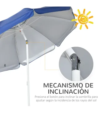 Sombrilla de Playa con Panel Lateral Ø191x211 cm con Manivela Manual Techo Inclinable 2 Bolsillos 2 Ventanas para Jardín