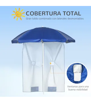 Sombrilla de Playa con Panel Lateral Ø191x211 cm con Manivela Manual Techo Inclinable 2 Bolsillos 2 Ventanas para Jardín