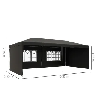 Carpa de Jardín 6x3m con 4 Paredes Laterales 2 Ventanas Visibles Cenador Gazebo de Exterior para Fiestas Eventos Gris